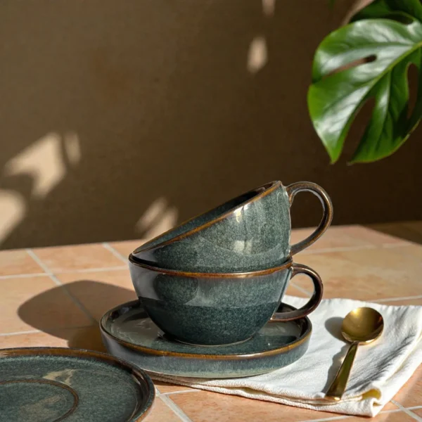 Harmiche Storm Ash Ceramic Cup & Saucer Set (Set of 2 Cups with Saucers) | Tea/Coffee Cups with Matching Saucers