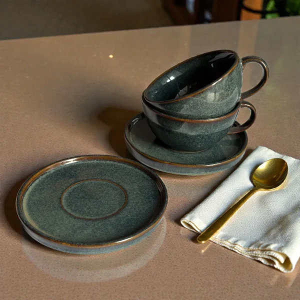 Harmiche Storm Ash Ceramic Cup & Saucer Set (Set of 2 Cups with Saucers) | Tea/Coffee Cups with Matching Saucers