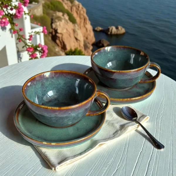 Harmiche Ember Moss Ceramic Cup and Saucer Set (Set of 2 Cups with Saucers) | Tea/Coffee Cups with Matching Saucers