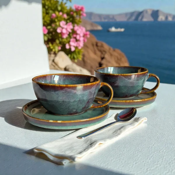 Harmiche Ember Moss Ceramic Cup and Saucer Set (Set of 2 Cups with Saucers) | Tea/Coffee Cups with Matching Saucers