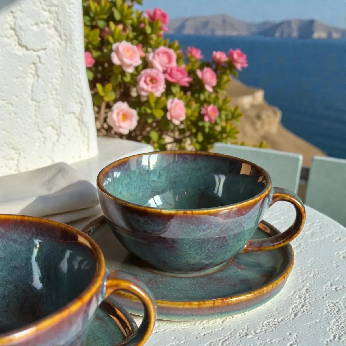 Harmiche Ember Moss Ceramic Cup and Saucer Set (Set of 2 Cups with Saucers) | Tea/Coffee Cups with Matching Saucers