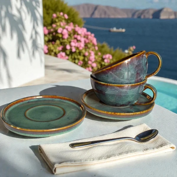 Harmiche Ember Moss Ceramic Cup and Saucer Set (Set of 2 Cups with Saucers) | Tea/Coffee Cups with Matching Saucers