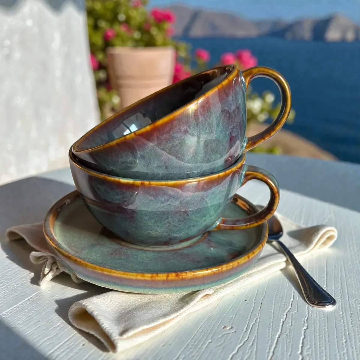 Harmiche Ember Moss Ceramic Cup and Saucer Set (Set of 2 Cups with Saucers) | Tea/Coffee Cups with Matching Saucers