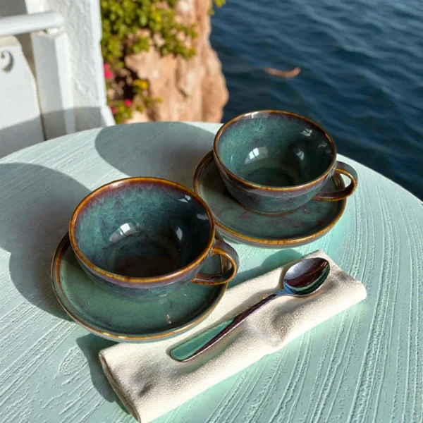 Harmiche Ember Moss Ceramic Cup and Saucer Set (Set of 2 Cups with Saucers) | Tea/Coffee Cups with Matching Saucers