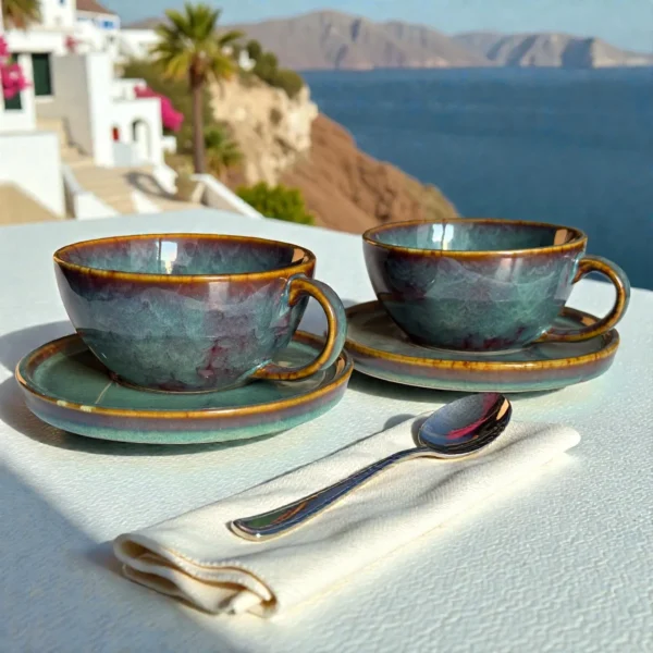 Harmiche Ember Moss Ceramic Cup and Saucer Set (Set of 2 Cups with Saucers) | Tea/Coffee Cups with Matching Saucers