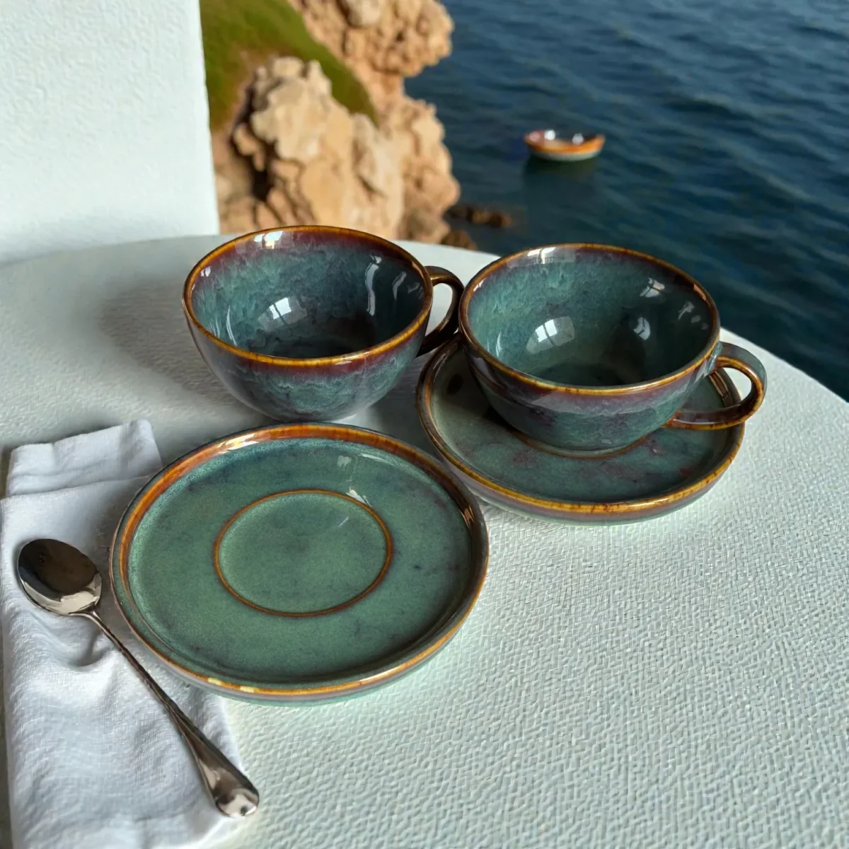 Harmiche Ember Moss Ceramic Cup and Saucer Set (Set of 2 Cups with Saucers) | Tea/Coffee Cups with Matching Saucers