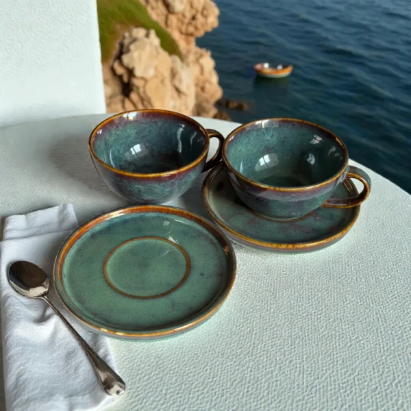 Harmiche Ember Moss Ceramic Cup and Saucer Set (Set of 2 Cups with Saucers) | Tea/Coffee Cups with Matching Saucers