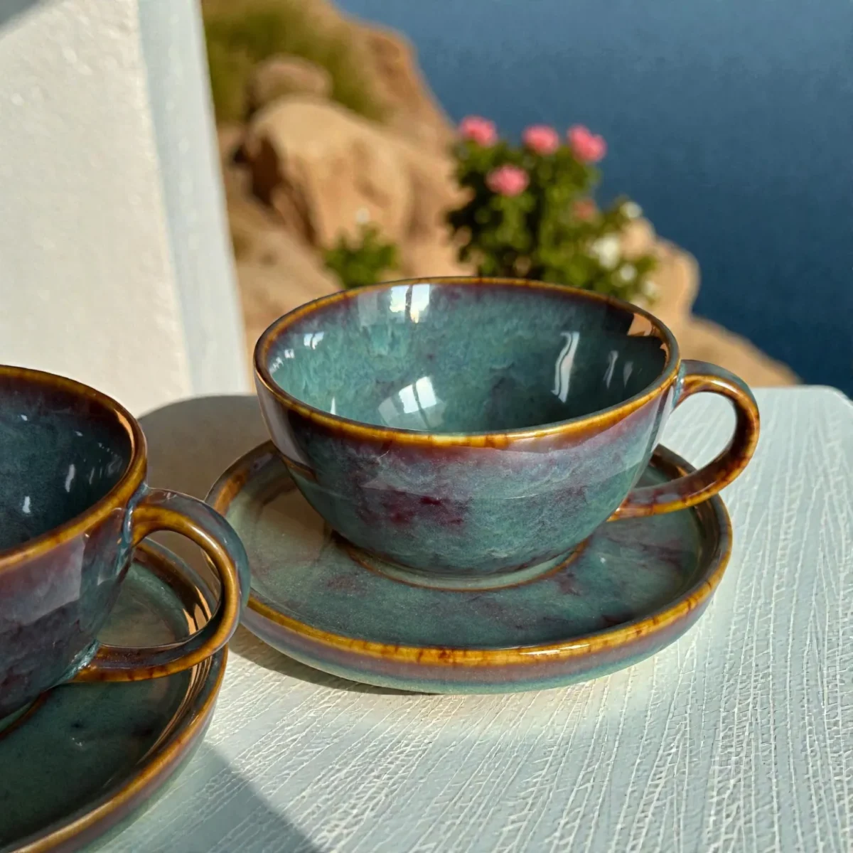 Harmiche Ember Moss Ceramic Cup and Saucer Set (Set of 2 Cups with Saucers) | Tea/Coffee Cups with Matching Saucers