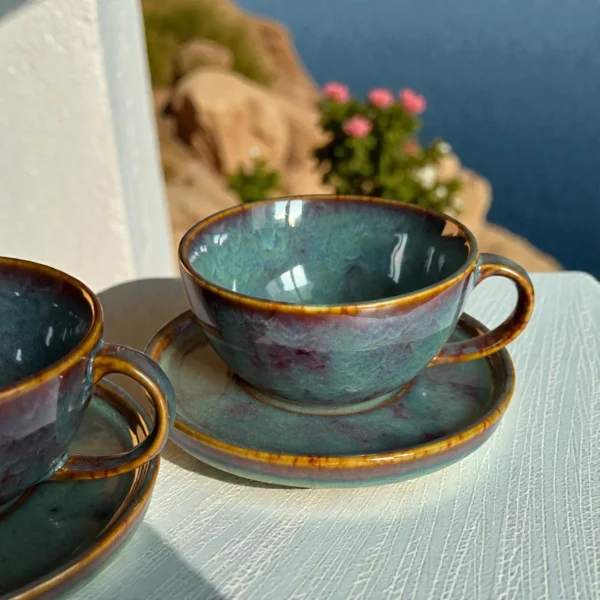 Harmiche Ember Moss Ceramic Cup and Saucer Set (Set of 2 Cups with Saucers) | Tea/Coffee Cups with Matching Saucers