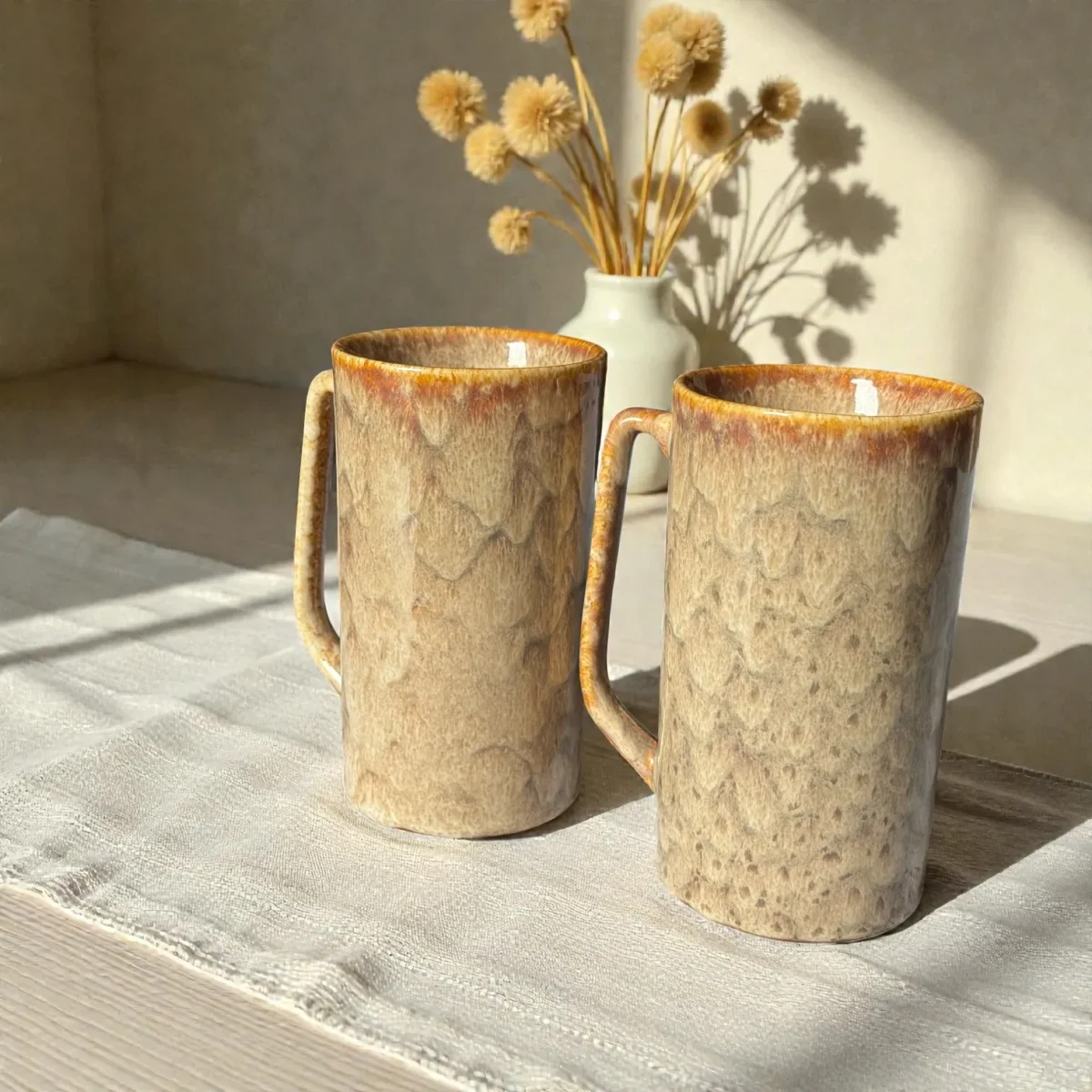 Harmiche Ember Dune Tall Ceramic Mugs (Set of 2, 450ml) | 15cm Height, 8.5cm Diameter