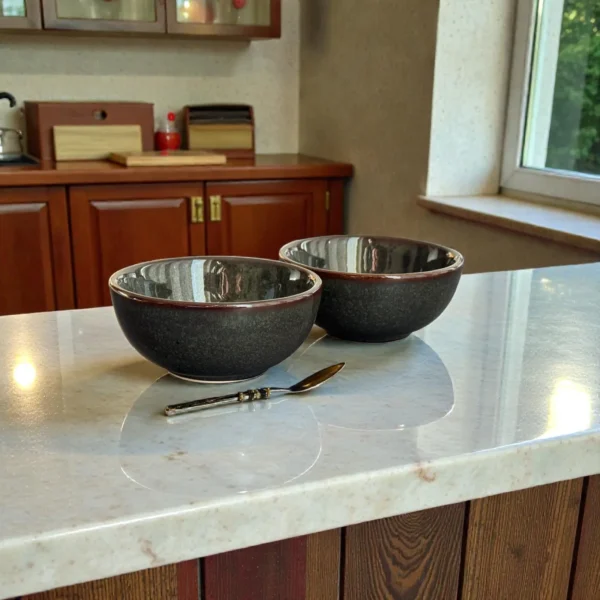 Harmiche Storm Ash Ceramic Katori Set (Set of 2) – Glossy Smoky Snack & Dessert Bowls with Rust Rim