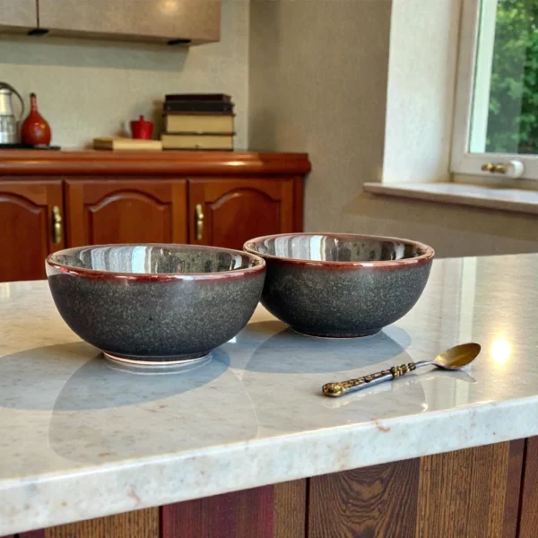 Harmiche Storm Ash Ceramic Katori Set (Set of 2) – Glossy Smoky Snack & Dessert Bowls with Rust Rim