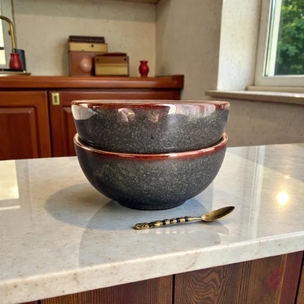 Harmiche Storm Ash Ceramic Katori Set (Set of 2) – Glossy Smoky Snack & Dessert Bowls with Rust Rim