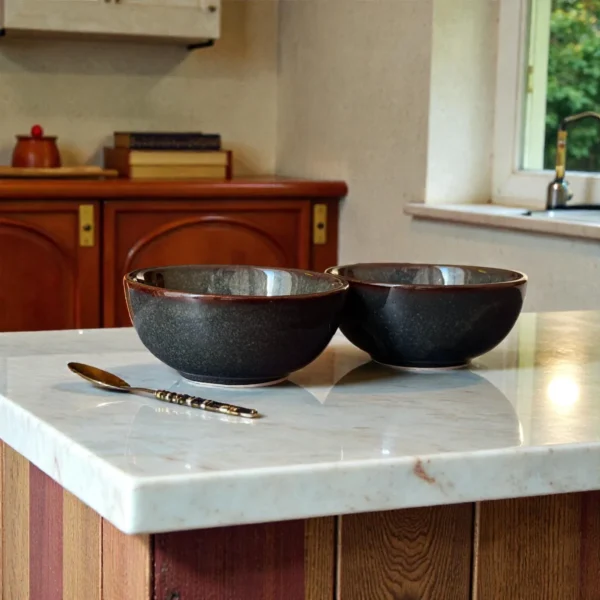Harmiche Storm Ash Ceramic Katori Set (Set of 2) – Glossy Smoky Snack & Dessert Bowls with Rust Rim