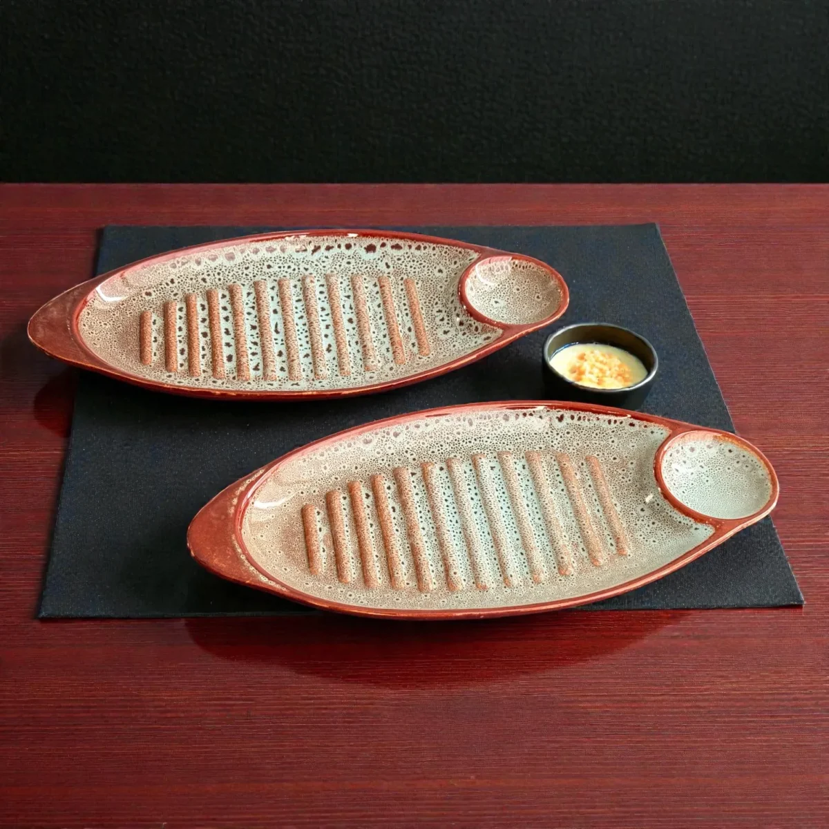 Harmiche BurntAmber Ridge Chip & Dip Platter Set of 2 (34.5 × 15 cm)