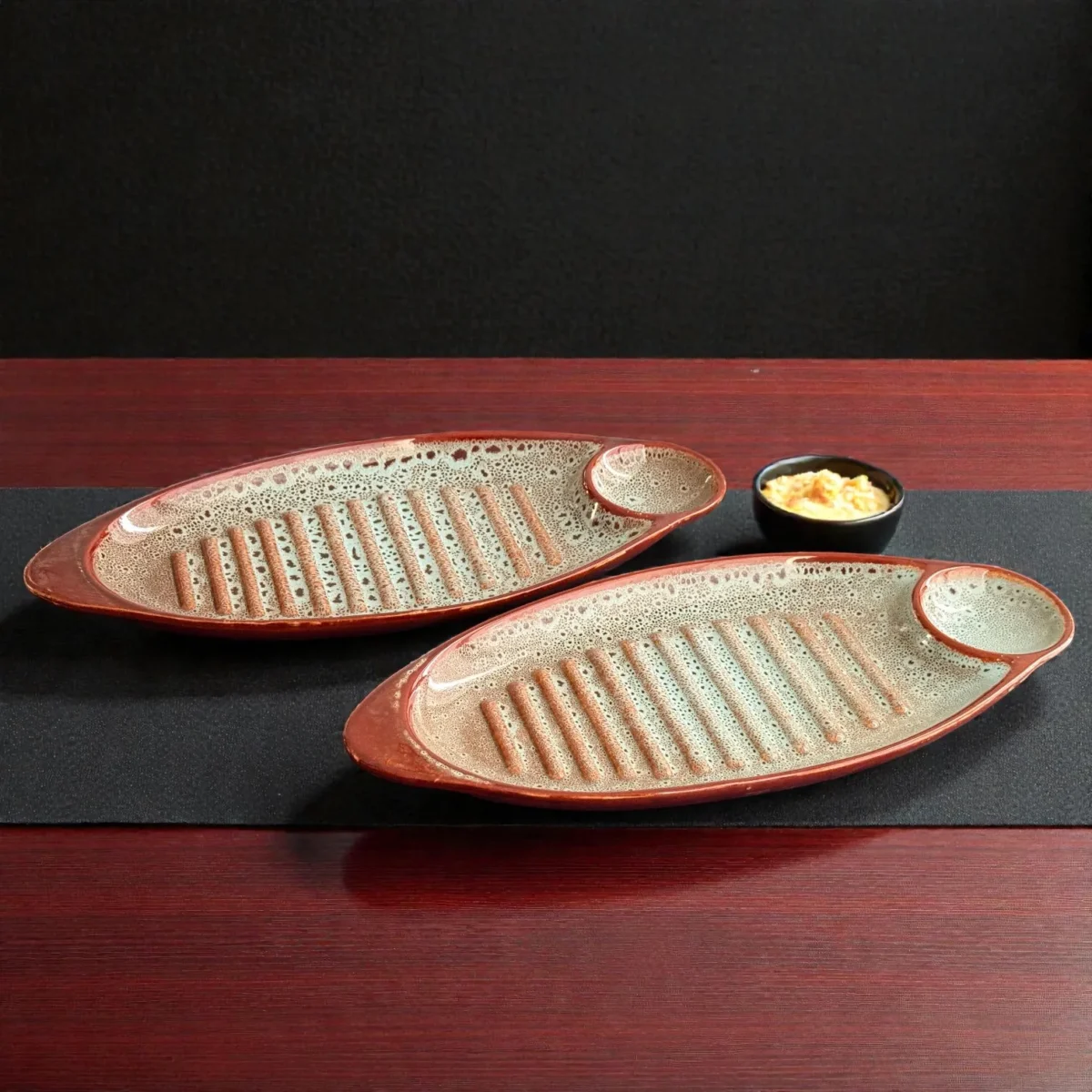 Harmiche BurntAmber Ridge Chip & Dip Platter Set of 2 (34.5 × 15 cm)