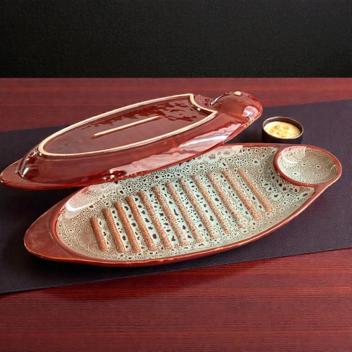 Harmiche BurntAmber Ridge Chip & Dip Platter Set of 2 (34.5 × 15 cm)
