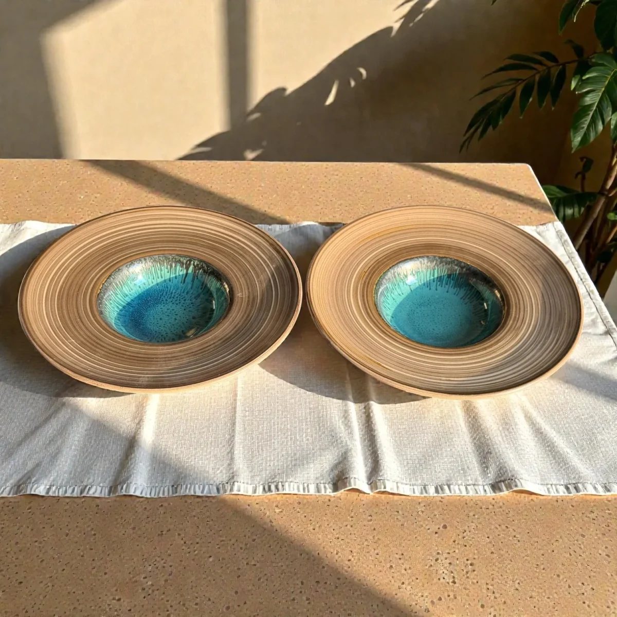 Harmiche TideLagoon Spiral Rim Ceramic Pasta Plates (Set of 2) – 11 Inch, 275 ml | Wide Rim Pasta Bowls with Aqua Reactive Glaze (5” Inner Bowl)