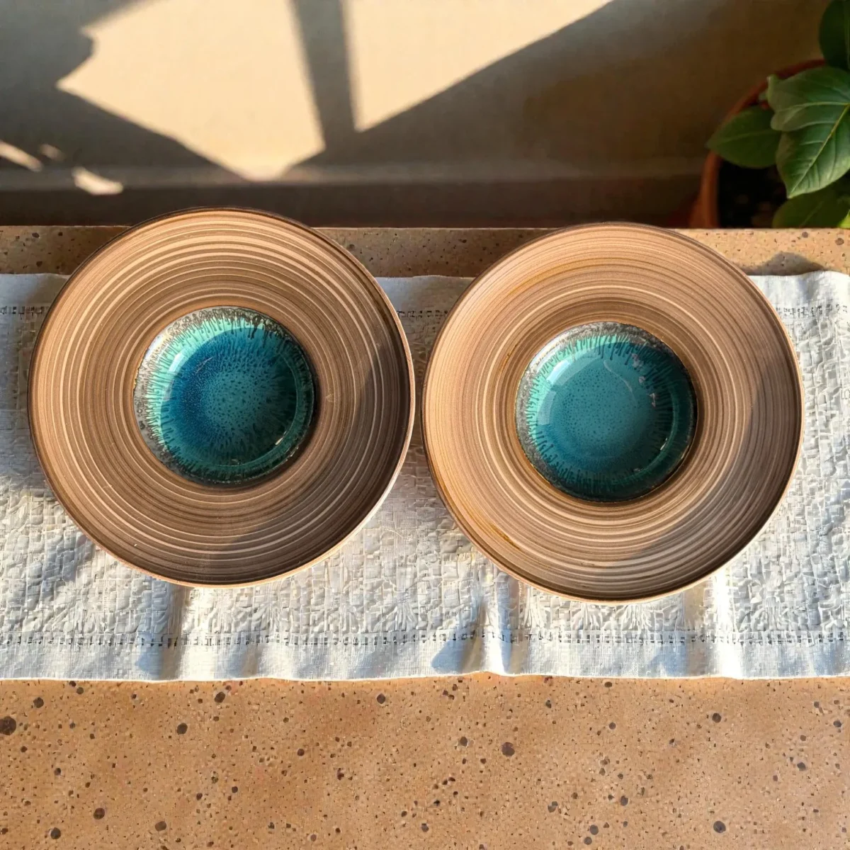 Harmiche TideLagoon Spiral Rim Ceramic Pasta Plates (Set of 2) – 11 Inch, 275 ml | Wide Rim Pasta Bowls with Aqua Reactive Glaze (5” Inner Bowl)