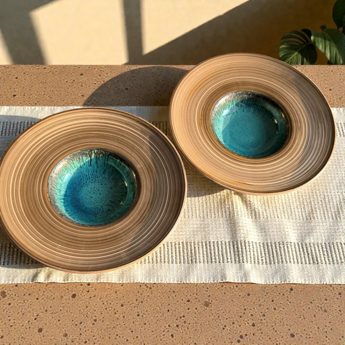 Harmiche TideLagoon Spiral Rim Ceramic Pasta Plates (Set of 2) – 11 Inch, 275 ml | Wide Rim Pasta Bowls with Aqua Reactive Glaze (5” Inner Bowl)