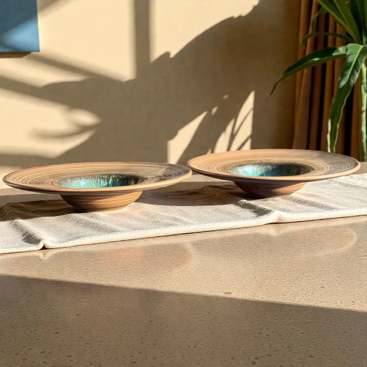 Harmiche TideLagoon Spiral Rim Ceramic Pasta Plates (Set of 2) – 11 Inch, 275 ml | Wide Rim Pasta Bowls with Aqua Reactive Glaze (5” Inner Bowl)