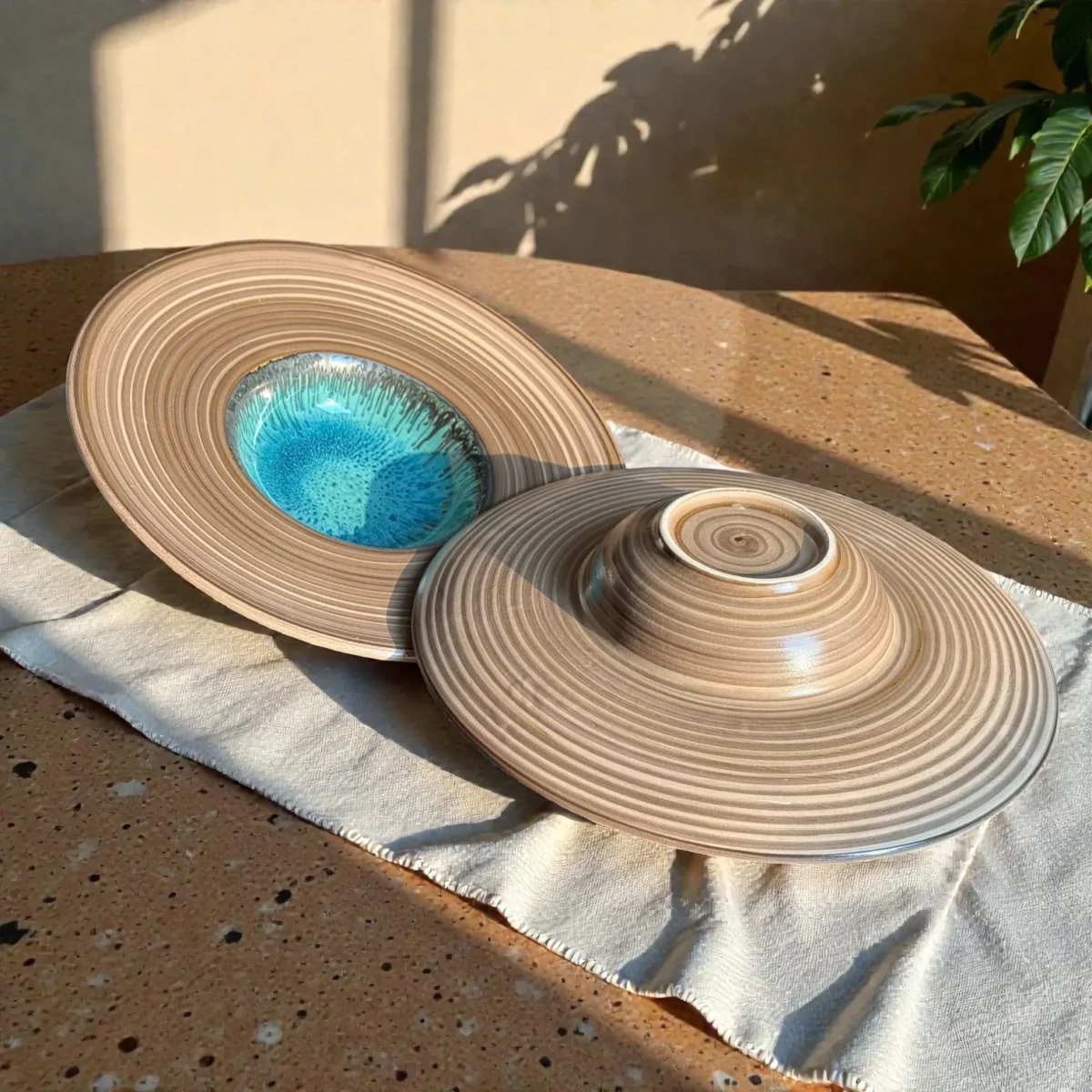 Harmiche TideLagoon Spiral Rim Ceramic Pasta Plates (Set of 2) – 11 Inch, 275 ml | Wide Rim Pasta Bowls with Aqua Reactive Glaze (5” Inner Bowl)