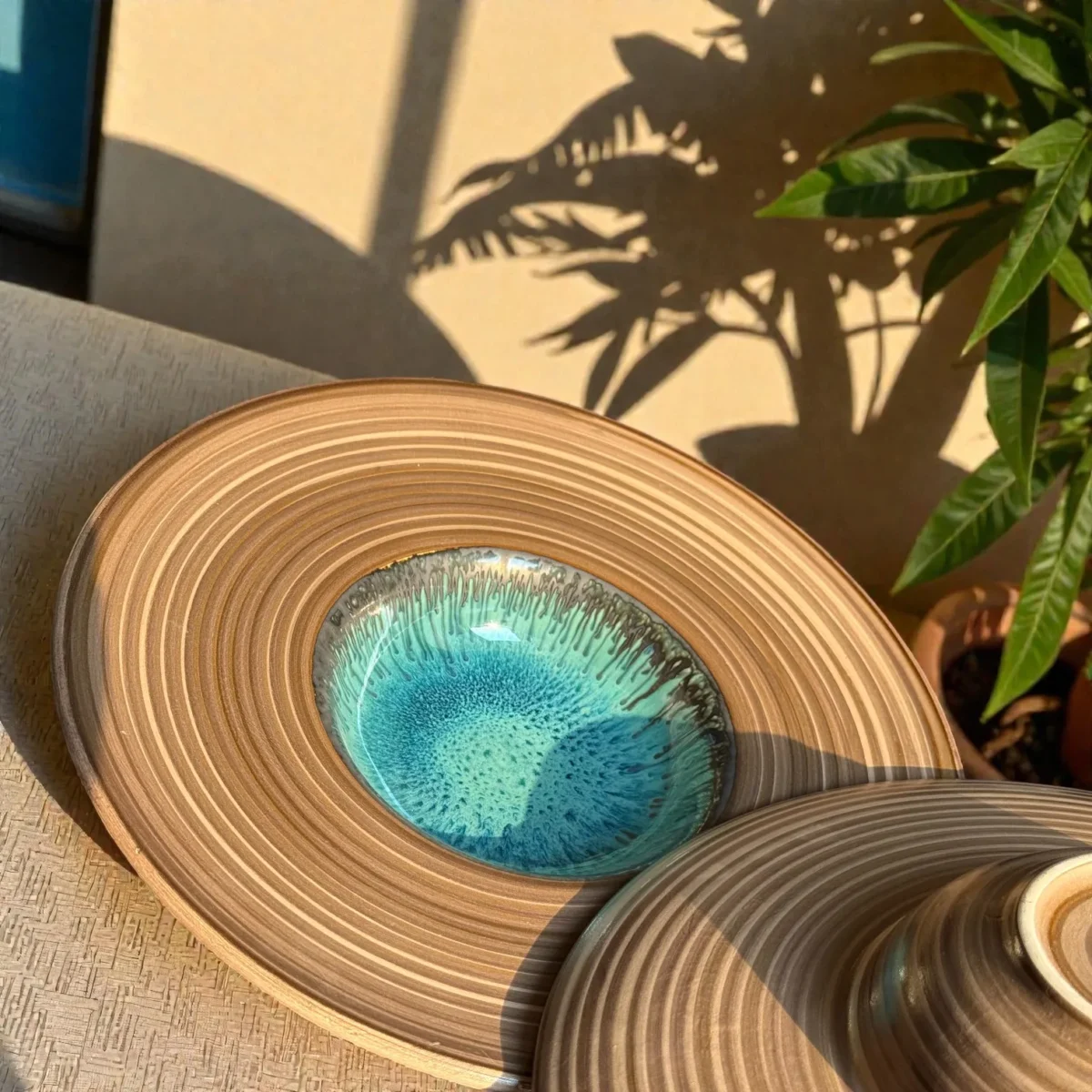 Harmiche TideLagoon Spiral Rim Ceramic Pasta Plates (Set of 2) – 11 Inch, 275 ml | Wide Rim Pasta Bowls with Aqua Reactive Glaze (5” Inner Bowl)