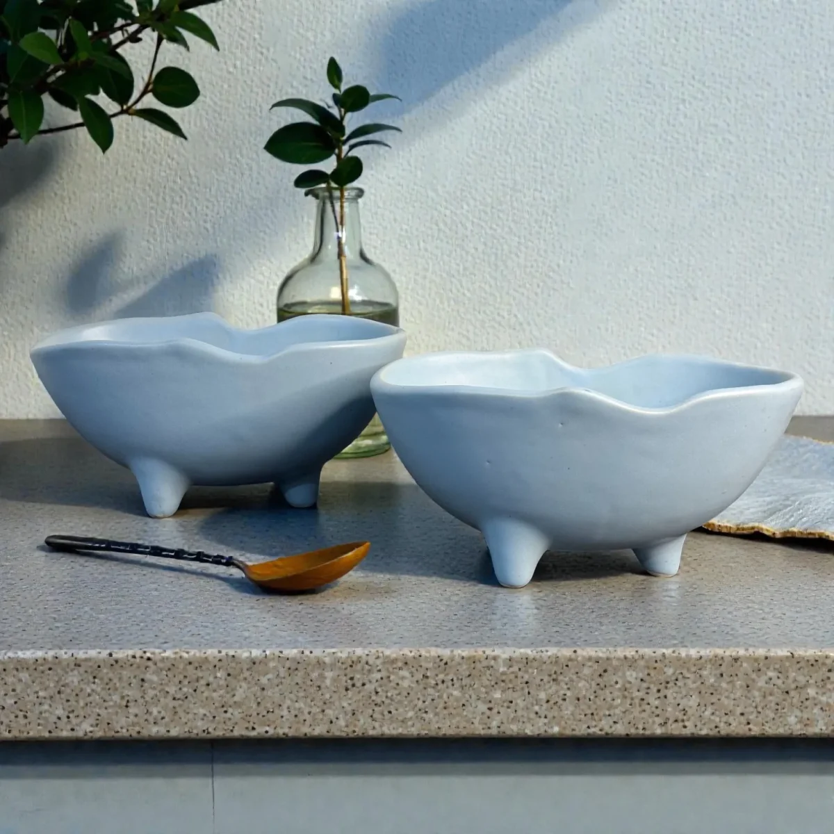 Harmiche CloudNest Footed Ceramic Bowls (Set of 2) – Matte Sky Blue, 600 ml | Wavy Rim Serving Bowls (18.5 x 11 x 8.5 cm)