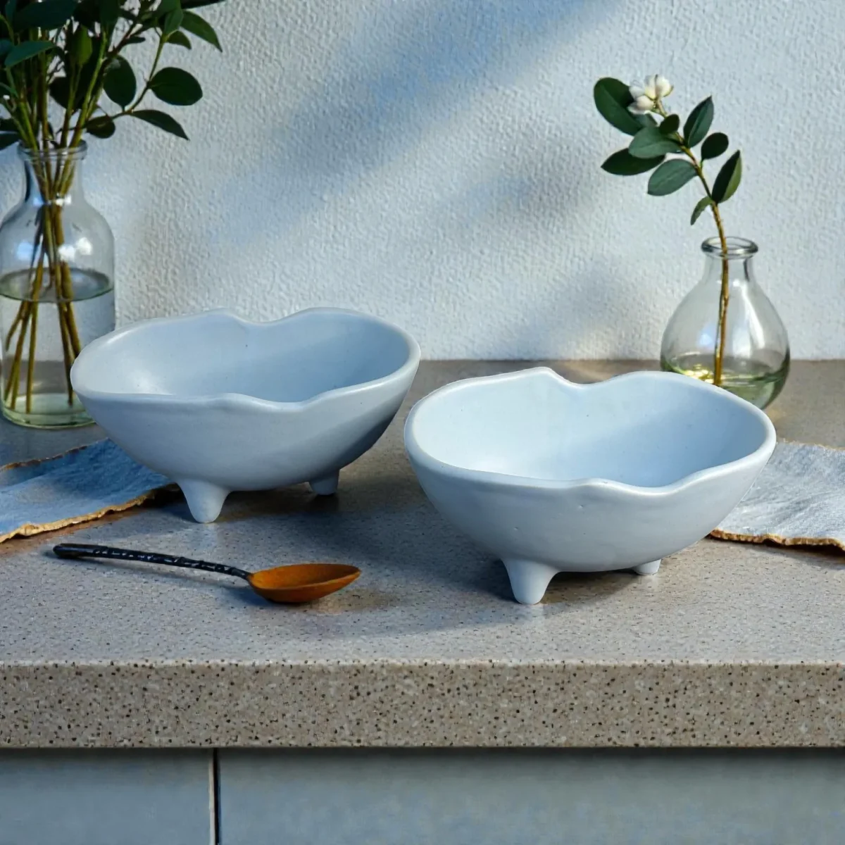 Harmiche CloudNest Footed Ceramic Bowls (Set of 2) – Matte Sky Blue, 600 ml | Wavy Rim Serving Bowls (18.5 x 11 x 8.5 cm)