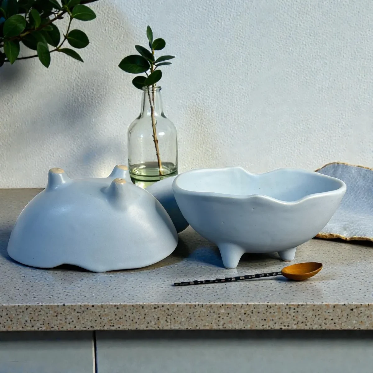 Harmiche CloudNest Footed Ceramic Bowls (Set of 2) – Matte Sky Blue, 600 ml | Wavy Rim Serving Bowls (18.5 x 11 x 8.5 cm)