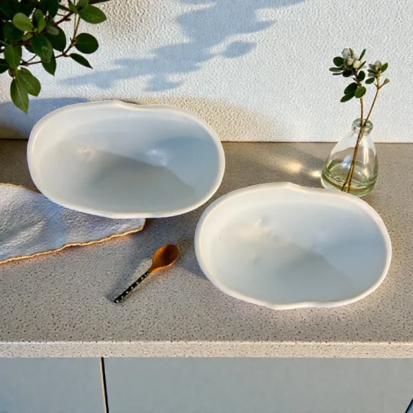 Harmiche CloudNest Footed Ceramic Bowls (Set of 2) – Matte Sky Blue, 600 ml | Wavy Rim Serving Bowls (18.5 x 11 x 8.5 cm)