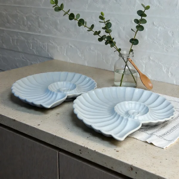 Harmiche Cloudnest Nautilus Shell Ceramic Serving Platters (Set of 2) – 25 x 22 cm | White Statement Snack & Dessert Platters