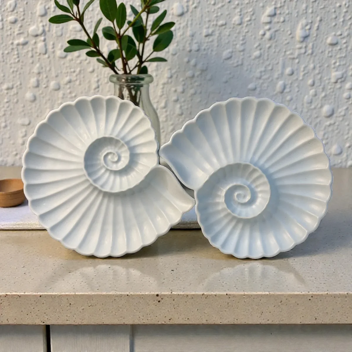 Harmiche Cloudnest Nautilus Shell Ceramic Serving Platters (Set of 2) – 25 x 22 cm | White Statement Snack & Dessert Platters