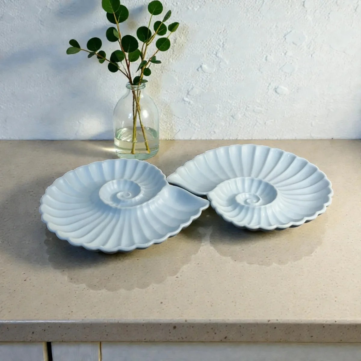 Harmiche Cloudnest Nautilus Shell Ceramic Serving Platters (Set of 2) – 25 x 22 cm | White Statement Snack & Dessert Platters