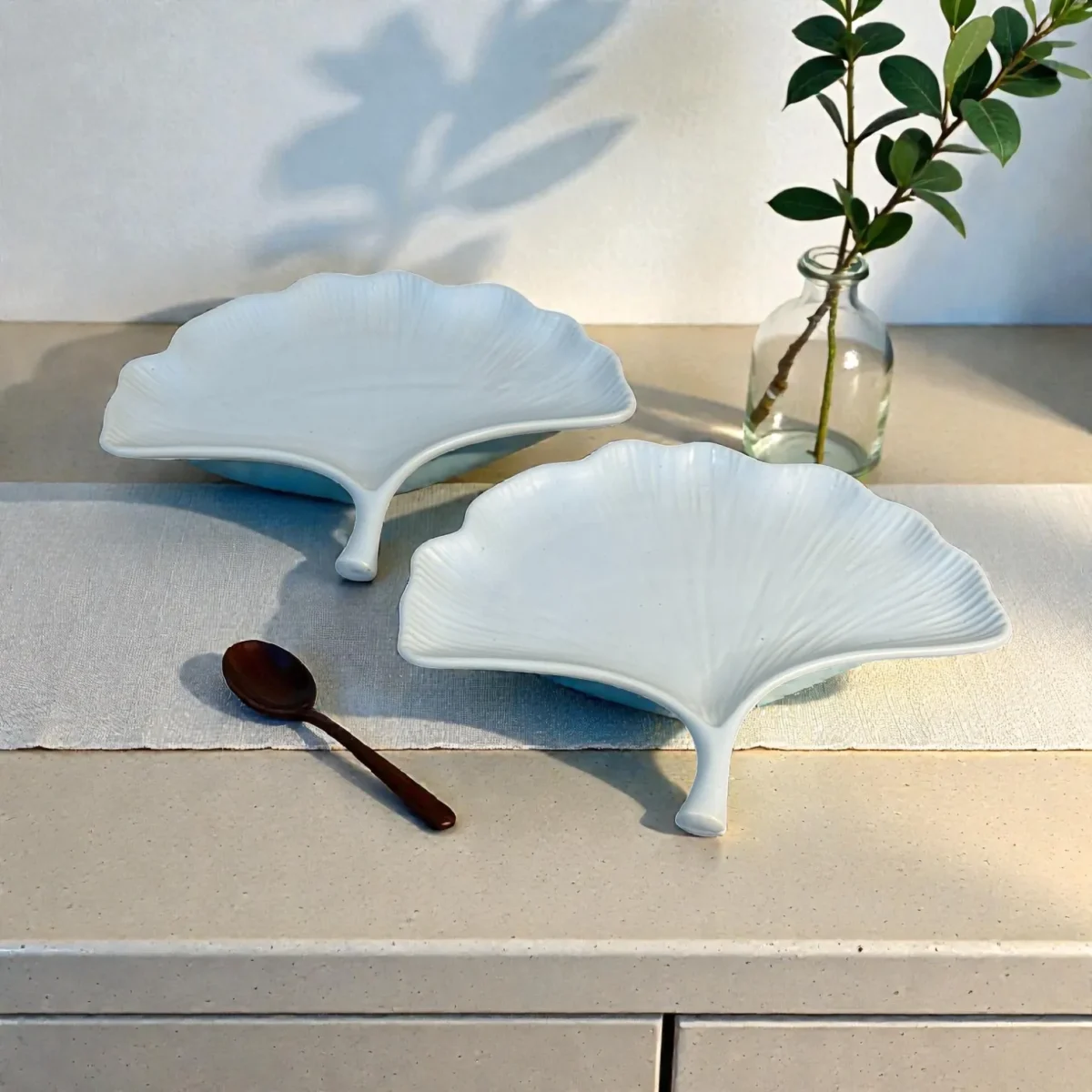 Harmiche CloudNest Leaf Ceramic Serving Platters (Set of 2) – White Ginkgo Leaf Snack & Dessert Platters | 25 x 20.5 cm