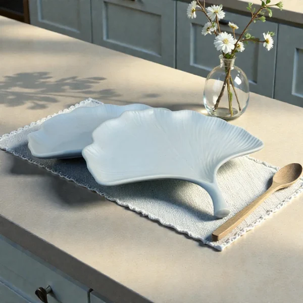 Harmiche CloudNest Leaf Ceramic Serving Platters (Set of 2) – White Ginkgo Leaf Snack & Dessert Platters | 25 x 20.5 cm