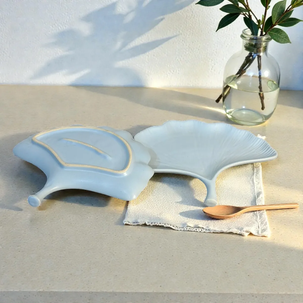 Harmiche CloudNest Leaf Ceramic Serving Platters (Set of 2) – White Ginkgo Leaf Snack & Dessert Platters | 25 x 20.5 cm