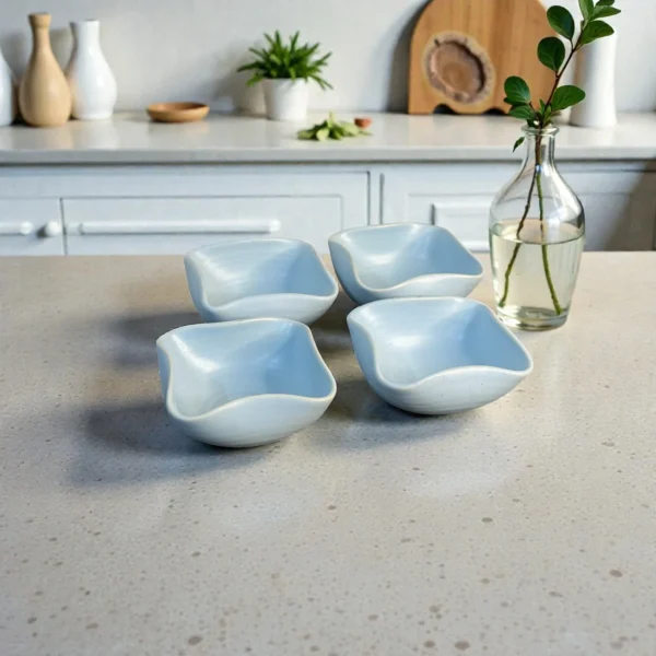 Harmiche CloudNest Sky-Blue Ceramic Dip Bowls Set of 4 (110 ml) – 8.5 x 8.5 x 3 cm | Mini Snack, Sauce & Condiment Bowls