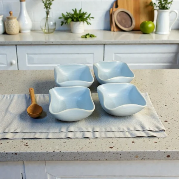 Harmiche CloudNest Sky-Blue Ceramic Dip Bowls Set of 4 (110 ml) – 8.5 x 8.5 x 3 cm | Mini Snack, Sauce & Condiment Bowls
