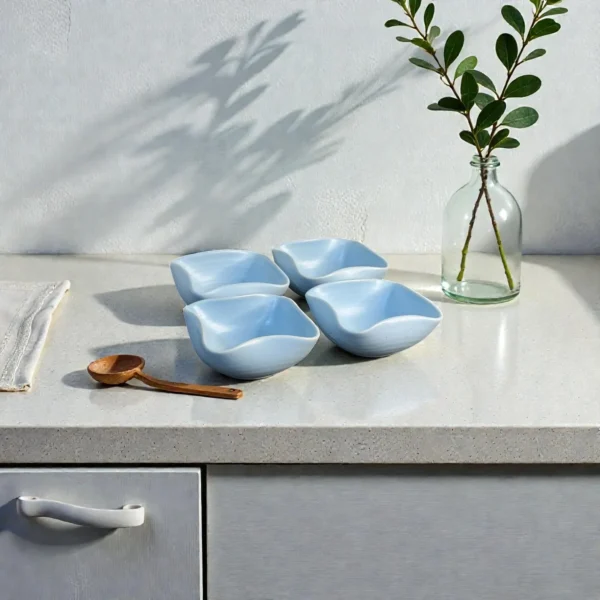 Harmiche CloudNest Sky-Blue Ceramic Dip Bowls Set of 4 (110 ml) – 8.5 x 8.5 x 3 cm | Mini Snack, Sauce & Condiment Bowls