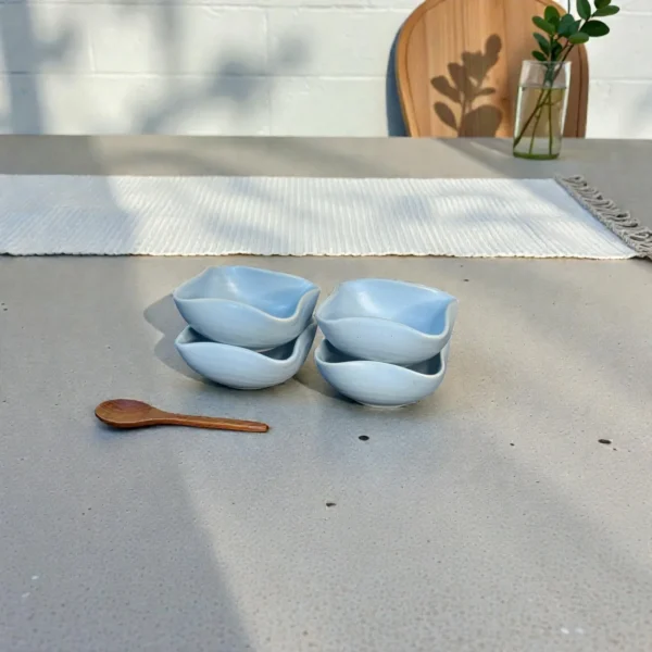 Harmiche CloudNest Sky-Blue Ceramic Dip Bowls Set of 4 (110 ml) – 8.5 x 8.5 x 3 cm | Mini Snack, Sauce & Condiment Bowls
