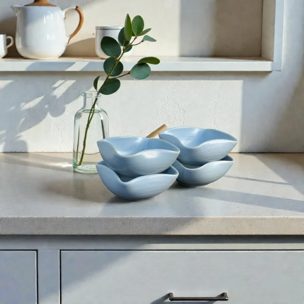 Harmiche CloudNest Sky-Blue Ceramic Dip Bowls Set of 4 (110 ml) – 8.5 x 8.5 x 3 cm | Mini Snack, Sauce & Condiment Bowls
