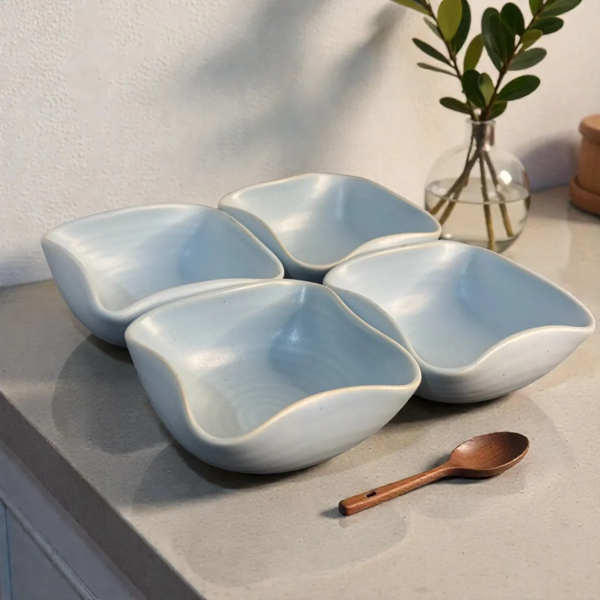 Harmiche CloudNest Sky-Blue Ceramic Dip Bowls Set of 4 (110 ml) – 8.5 x 8.5 x 3 cm | Mini Snack, Sauce & Condiment Bowls