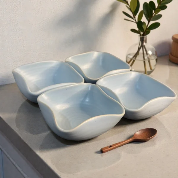 Harmiche CloudNest Sky-Blue Ceramic Dip Bowls Set of 4 (110 ml) – 8.5 x 8.5 x 3 cm | Mini Snack, Sauce & Condiment Bowls
