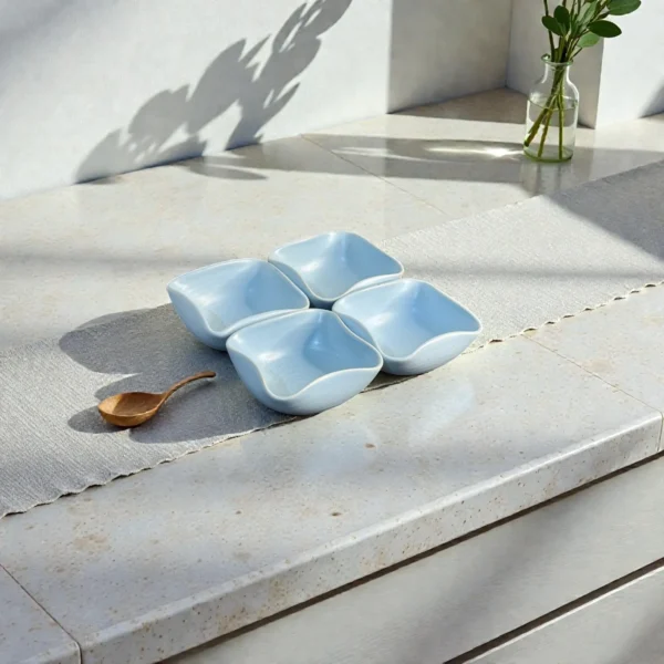 Harmiche CloudNest Sky-Blue Ceramic Dip Bowls Set of 4 (110 ml) – 8.5 x 8.5 x 3 cm | Mini Snack, Sauce & Condiment Bowls