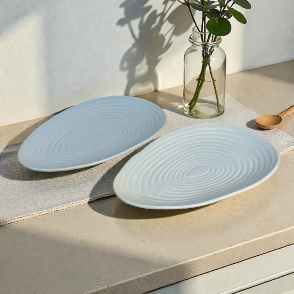 Harmiche CloudNest Ripple Oval Ceramic Platters (Set of 2) – Mist Blue Textured Serving Platters, 30 x 18.5 cm