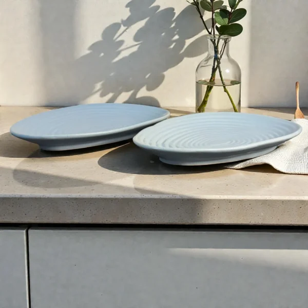 Harmiche CloudNest Ripple Oval Ceramic Platters (Set of 2) – Mist Blue Textured Serving Platters, 30 x 18.5 cm
