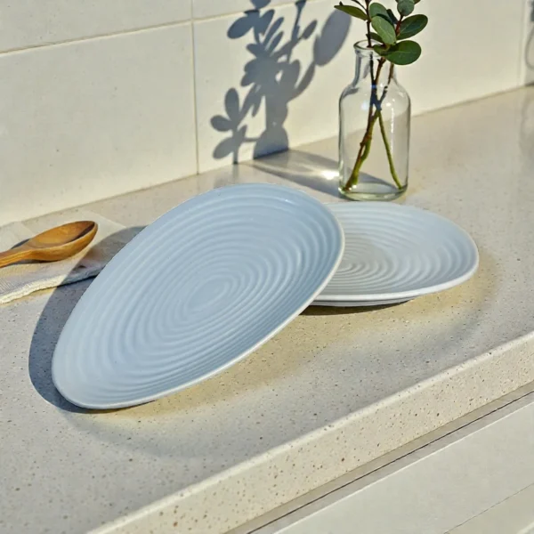 Harmiche CloudNest Ripple Oval Ceramic Platters (Set of 2) – Mist Blue Textured Serving Platters, 30 x 18.5 cm