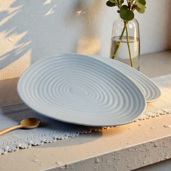 Harmiche CloudNest Ripple Oval Ceramic Platters (Set of 2) – Mist Blue Textured Serving Platters, 30 x 18.5 cm
