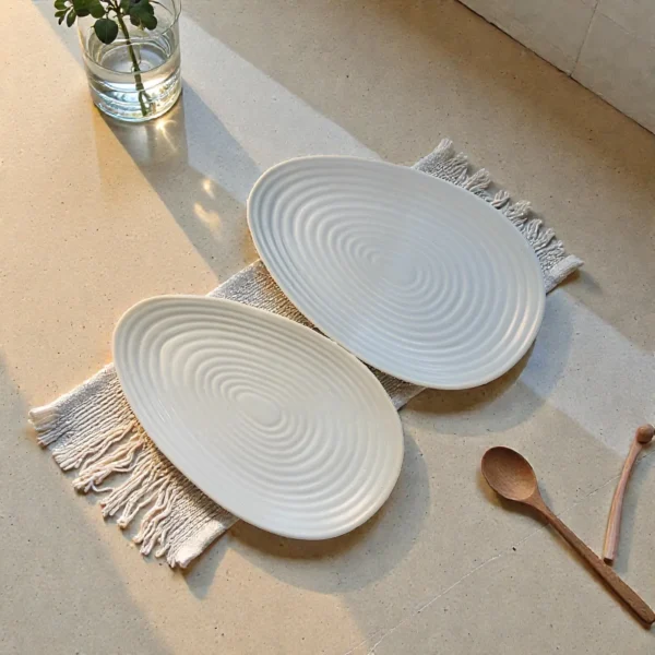 Harmiche CloudNest Ripple Oval Ceramic Platters (Set of 2) – Mist Blue Textured Serving Platters, 30 x 18.5 cm